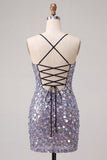 Sparkly Silver Bodycon Lace Up Back Short Homecoming Dress with Sequins