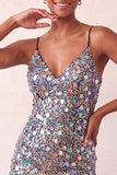 Sparkly Silver Bodycon Lace Up Back Short Homecoming Dress with Sequins