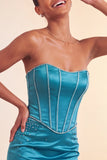 Strapless Bodycon Lake Blue Beaded Short Homecoming Dress with Ruffles