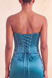 Strapless Bodycon Lake Blue Beaded Short Homecoming Dress with Ruffles
