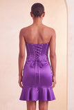 Strapless Bodycon Lake Blue Beaded Short Homecoming Dress with Ruffles