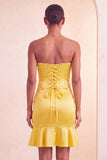 Strapless Bodycon Lake Blue Beaded Short Homecoming Dress with Ruffles