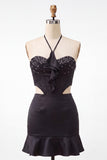 Black Halter Cut Out Bodycon Mini Homecoming Dress with Ruffles