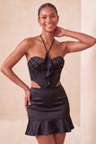 Black Halter Cut Out Bodycon Mini Homecoming Dress with Ruffles