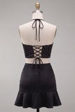 Black Halter Cut Out Bodycon Mini Homecoming Dress with Ruffles