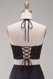 Black Halter Cut Out Bodycon Mini Homecoming Dress with Ruffles