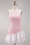 Pink Bodycon Ruffled Short Sequin Homecoming Dress with Lace Up Back