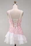 Pink Bodycon Ruffled Short Sequin Homecoming Dress with Lace Up Back