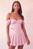 Off The Shoulder Light Pink Corset Pleated 2 Piece Homecoming Dress with Beading