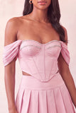Off The Shoulder Light Pink Corset Pleated 2 Piece Homecoming Dress with Beading