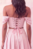 Off The Shoulder Light Pink Corset Pleated 2 Piece Homecoming Dress with Beading