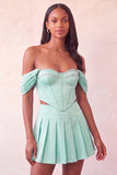 Off The Shoulder Light Pink Corset Pleated 2 Piece Homecoming Dress with Beading