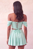 Off The Shoulder Light Pink Corset Pleated 2 Piece Homecoming Dress with Beading