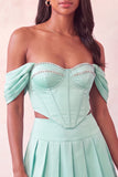 Off The Shoulder Light Pink Corset Pleated 2 Piece Homecoming Dress with Beading