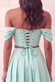 Off The Shoulder Light Pink Corset Pleated 2 Piece Homecoming Dress with Beading