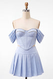 Off The Shoulder Light Pink Corset Pleated 2 Piece Homecoming Dress with Beading