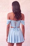 Off The Shoulder Light Pink Corset Pleated 2 Piece Homecoming Dress with Beading