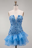 Blue Strapless Sequins Bodycon Short Homecoming Dress with Ruffled