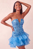 Blue Strapless Sequins Bodycon Short Homecoming Dress with Ruffled