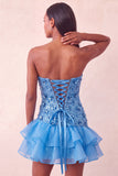Blue Strapless Sequins Bodycon Short Homecoming Dress with Ruffled