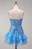 Blue Strapless Sequins Bodycon Short Homecoming Dress with Ruffled