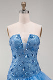 Blue Strapless Sequins Bodycon Short Homecoming Dress with Ruffled