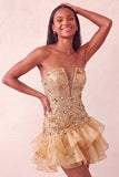 Blue Strapless Sequins Bodycon Short Homecoming Dress with Ruffled