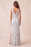 Light Grey Floral Mermaid Thick Straps Long Formal Dress with Slit