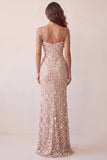 Champagne Cold Shoulder Floral Mermaid Long Formal Dress with Slit