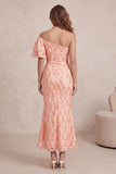Peach Mermaid Sequins Ruched Midi Formal Dress with Flutter Sleeve