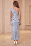 One Shoulder Dusty Blue Mermaid Sequins Ruffled Midi Formal Dress with Slit