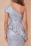 One Shoulder Dusty Blue Mermaid Sequins Ruffled Midi Formal Dress with Slit