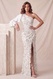 One Shoulder Light Grey Floral Mermaid Sequins Long Formal Dress with Slit