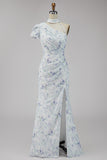 Chiffon Lilac Floral Mermaid Ruched Long Formal Dress with Slit