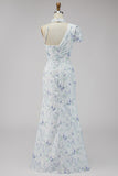 Chiffon Lilac Floral Mermaid Ruched Long Formal Dress with Slit