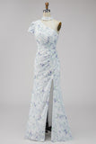 Chiffon Lilac Floral Mermaid Ruched Long Formal Dress with Slit