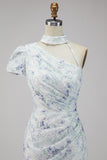 Chiffon Lilac Floral Mermaid Ruched Long Formal Dress with Slit