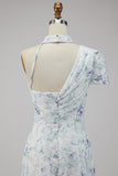 Chiffon Lilac Floral Mermaid Ruched Long Formal Dress with Slit