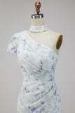 Chiffon Lilac Floral Mermaid Ruched Long Formal Dress with Slit