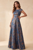 Navy Floral A-Line Jacquard Cut Out Bateau Neck Long Formal Dress with Cap Sleeves