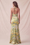 Yellow Halter Neck Floral Mermaid Ruffled Long Formal Dress with Slit