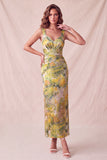 Yellow Floral Bodycon Thick Straps Ruched Midi Formal Dress