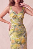 Yellow Floral Bodycon Thick Straps Ruched Midi Formal Dress