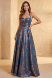 Jacquard Navy Floral A-Line Ruched Long Formal Dress