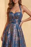 Jacquard Navy Floral A-Line Ruched Long Formal Dress