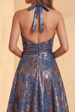 Jacquard Navy Floral A-Line Ruched Long Formal Dress