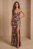 Black Sequins Floral Mermaid Halter Neck Long Formal Dress with Slit