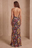 Black Sequins Floral Mermaid Halter Neck Long Formal Dress with Slit