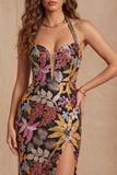 Black Sequins Floral Mermaid Halter Neck Long Formal Dress with Slit