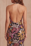 Black Sequins Floral Mermaid Halter Neck Long Formal Dress with Slit